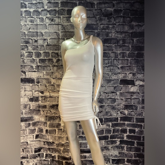 White Ribbed 1 Shoulder Summer Mini Bodycon Dress - Picture 6 of 8